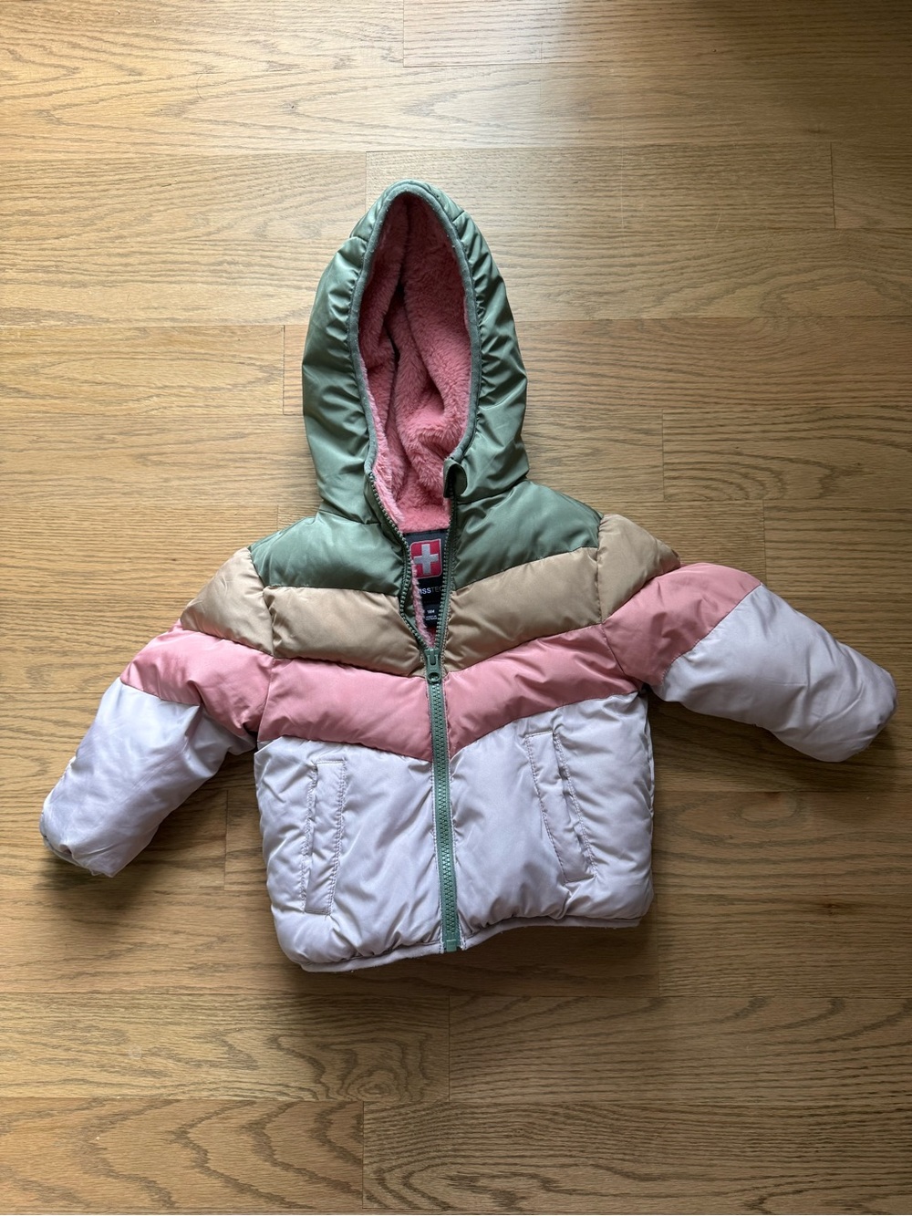 Swiss Tech Kids Colorblock Puffer Jacket in Green, Pink, Tan, and White